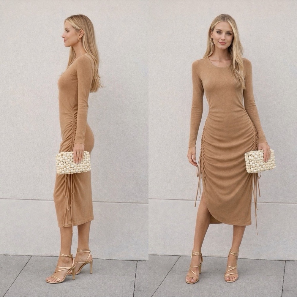 HELLO MOLLY Ribbed Knit Bodycon Ruched Tan Brown Midi Dress Sz M